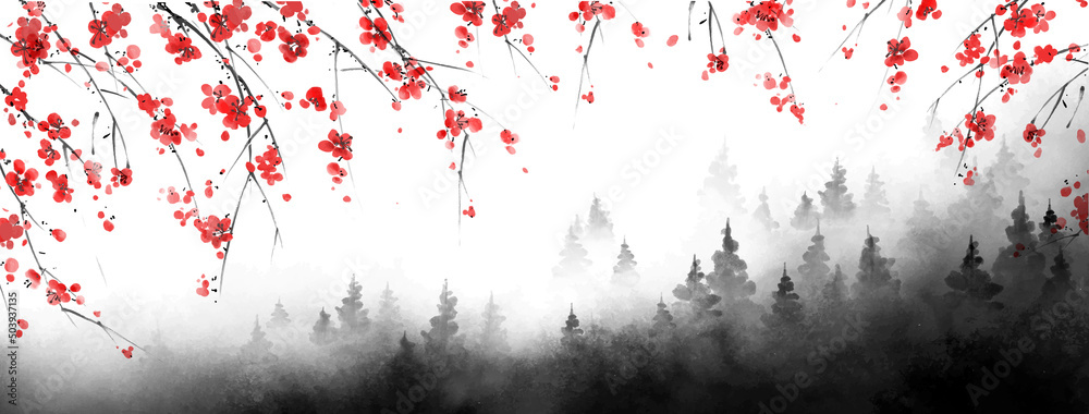 樱花盛开，黑雾森林。传统的东方水墨画sumi-e，u-sin，go hua。