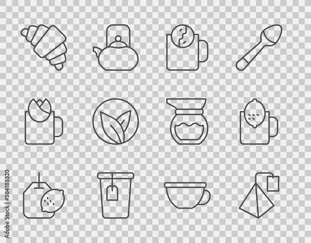装柠檬、时间、杯茶、羊角面包、叶子、和图标的袋装茶包。Vector