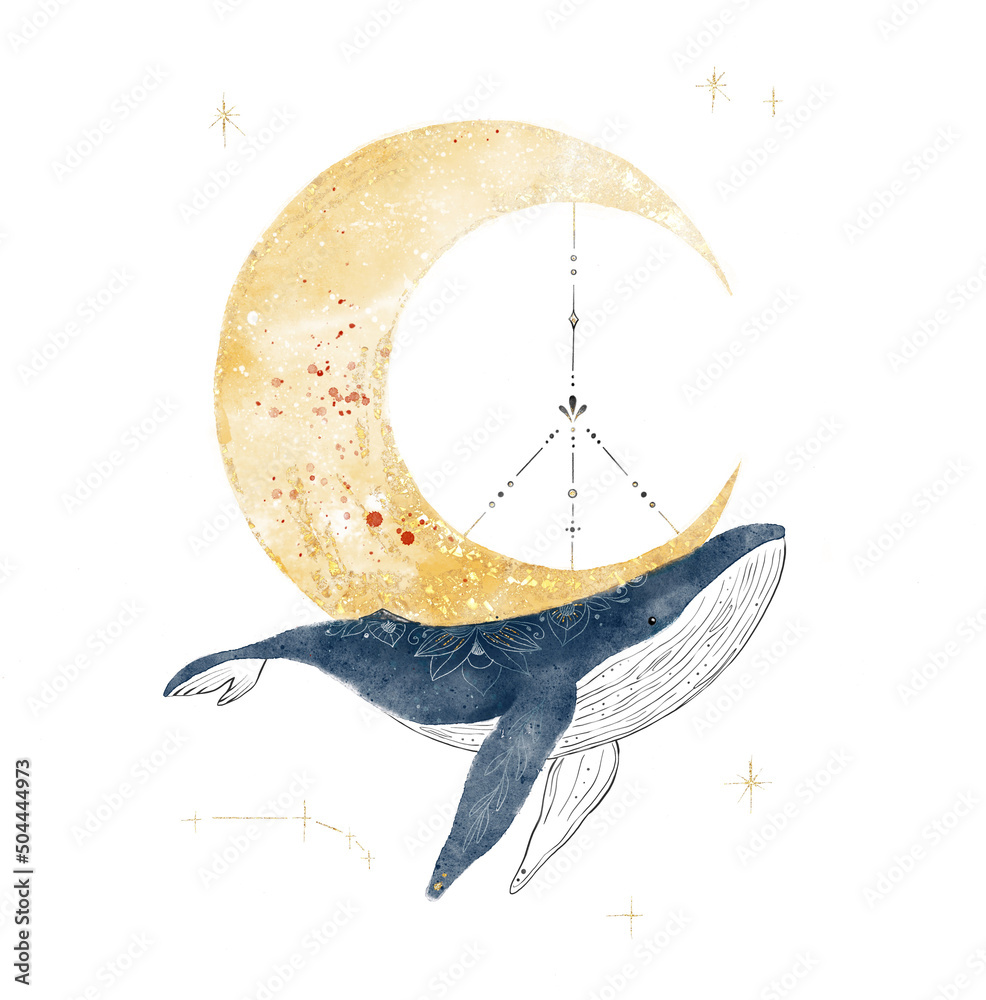 水彩画和平插图。幻想漫画蓝鲸和黄月亮。梦幻空间草图