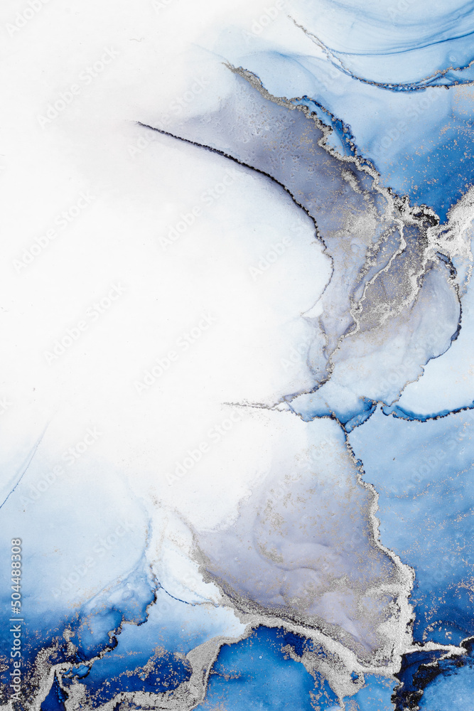 Blue silver abstract background of marble liquid ink art painting on paper . Image of original artwo