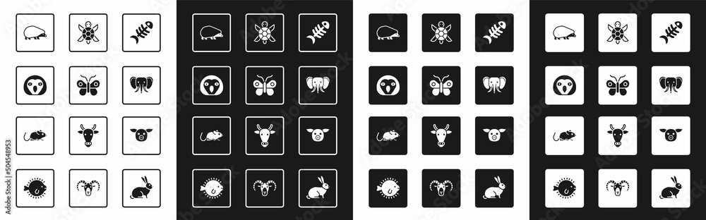 Set Fish skeleton, Butterfly, Owl bird, Hedgehog, Elephant, Turtle, Pig and Rat icon. Vector