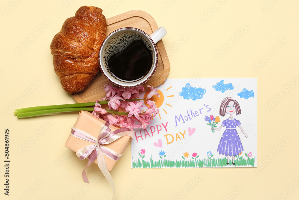 Picture with text HAPPY MOTHERS DAY, flowers, gift, cup of coffee and croissant on beige background