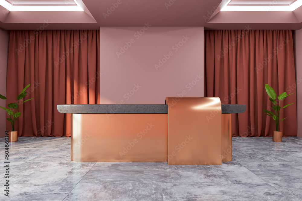 Modern pink marble office lobby interior with empty mock up place on wall, curtains, reception desk 