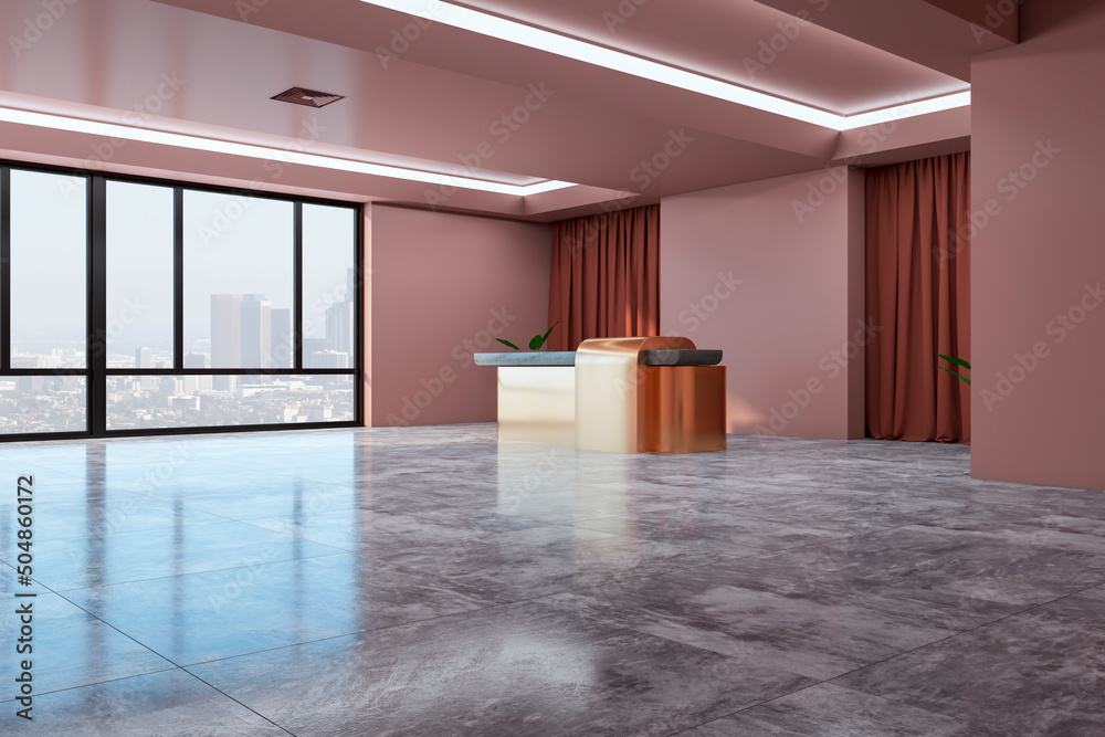 现代粉色大理石办公大厅内部，配有接待台、窗帘、城市景观窗户