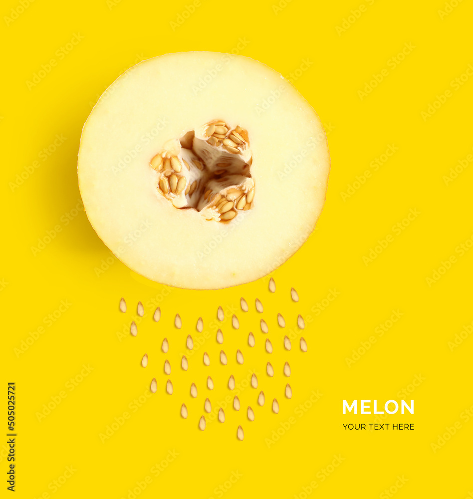 Creative layout made of melon. Flat lay. Food concept. Melon on the yellow background.