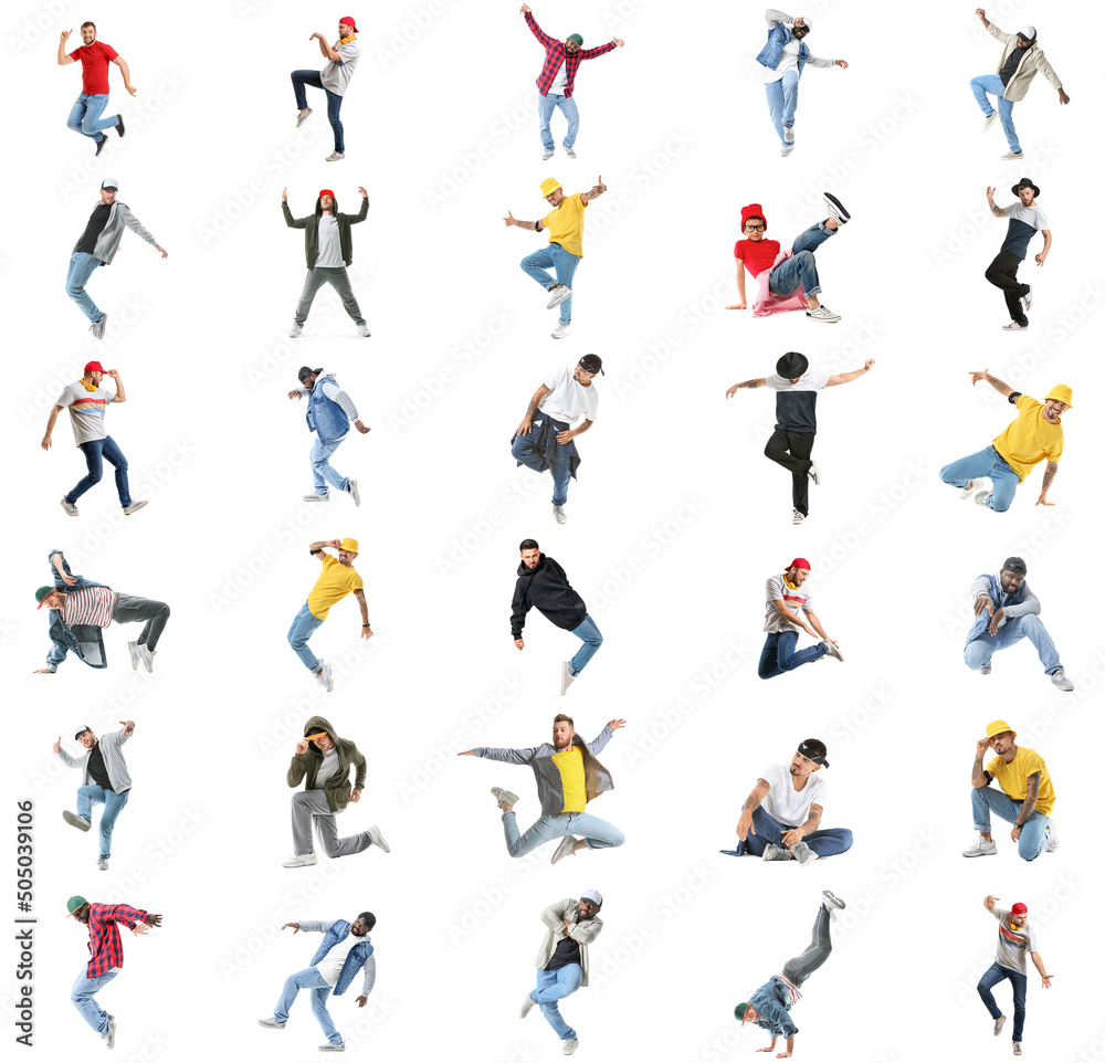Set of male hip-hop dancers isolated on white