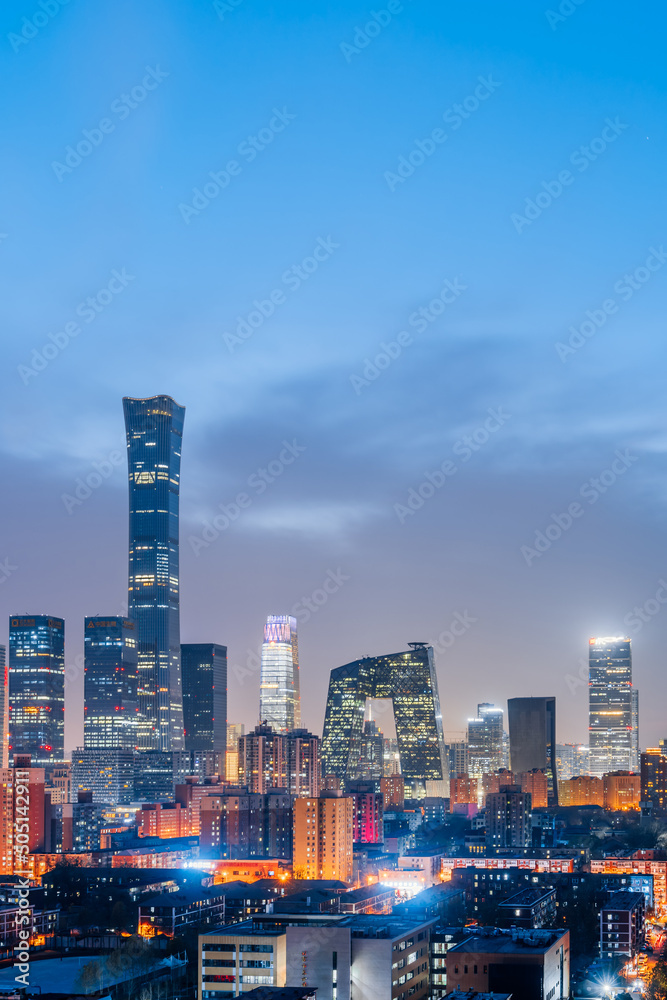 中国北京CBD建筑的高角度夜景