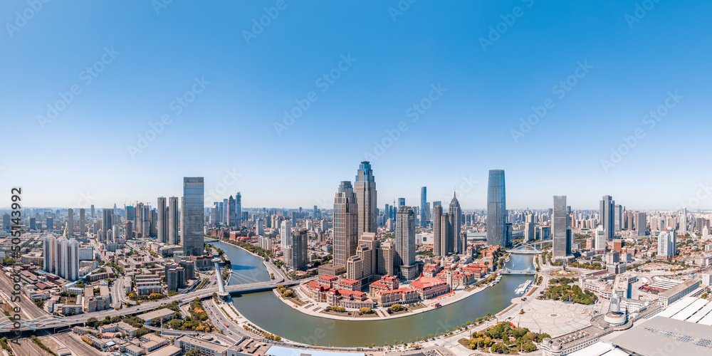 航拍中国天津海河和金湾广场CBD城市天际线