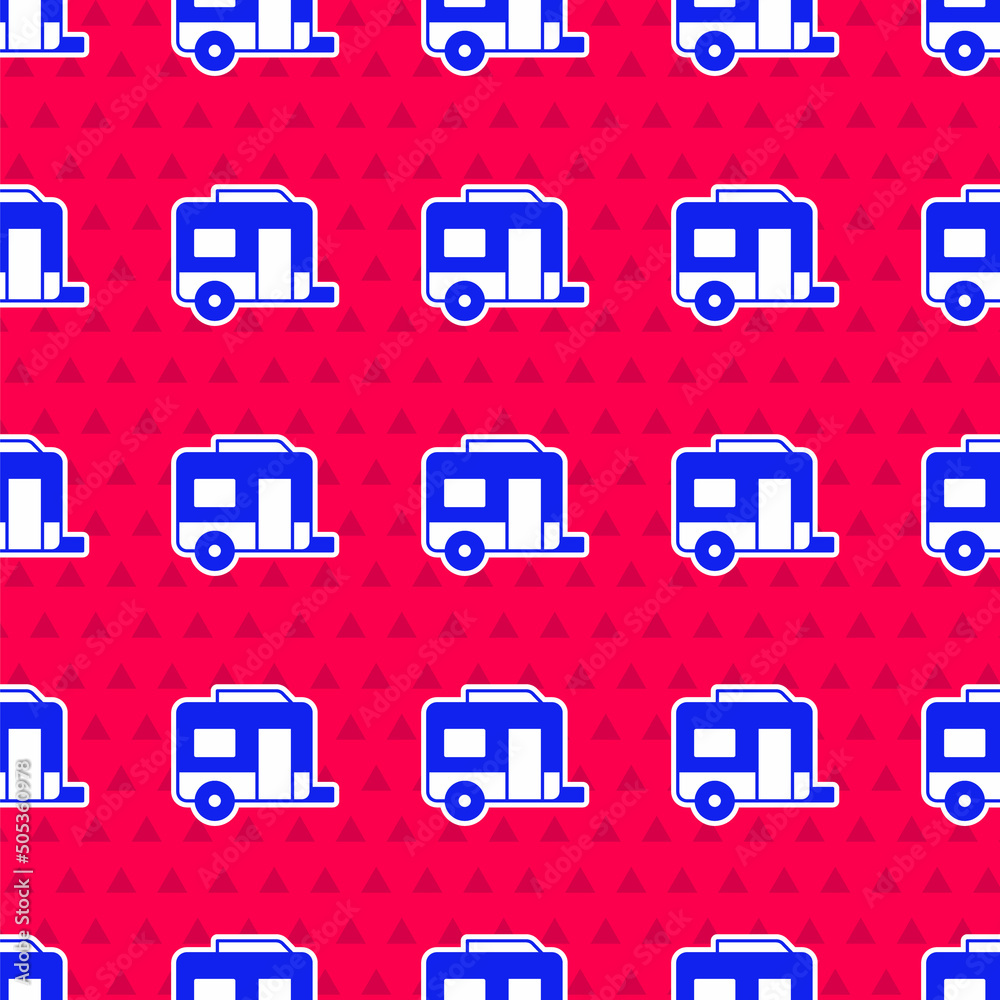 Blue Rv Camping trailer icon isolated seamless pattern on red background. Travel mobile home, carava