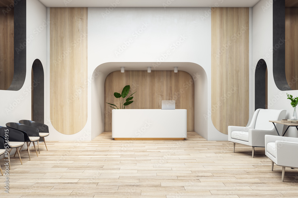 Eco style waiting area in spacious office with wooden floor and wall decoration, white reception tab