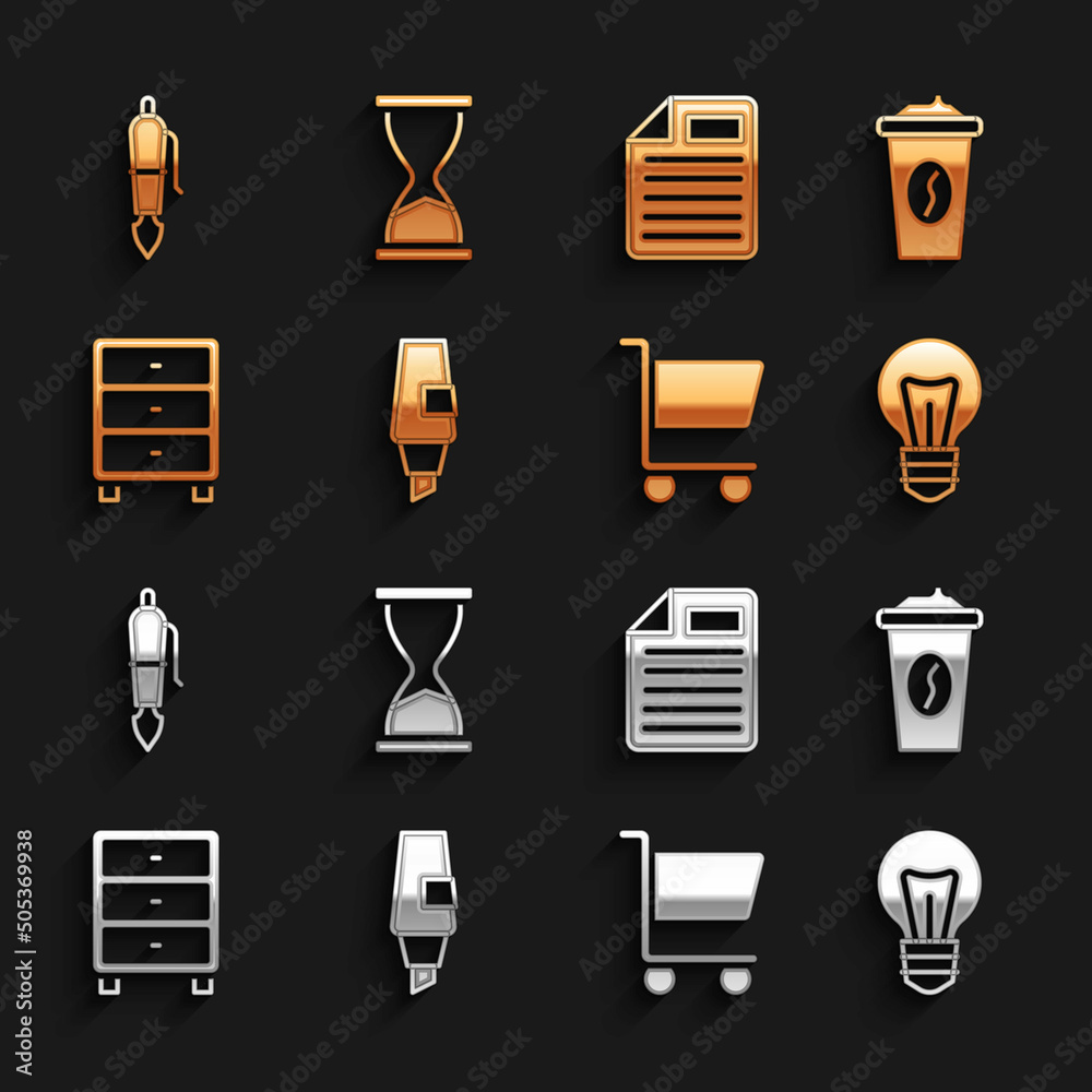 设置记号笔，随身携带的咖啡杯，灯泡，购物车，档案纸抽屉，文件文档，F