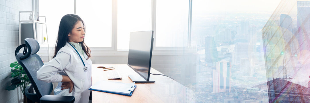 Asian beautiful female doctor working online network connection remote giving advice and examination diagnosis to patient medical healthcare distancing, contact video call, feeling tired back pain