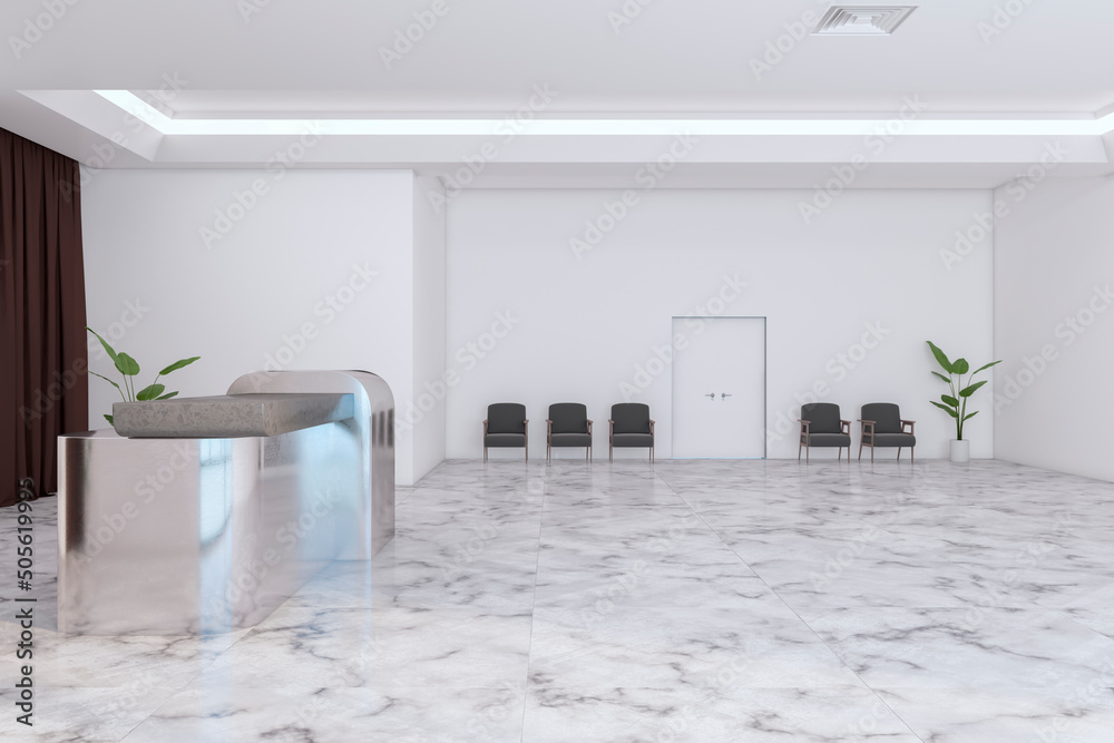 Modern white marble office lobby interior with reception desk and decorative plant. Waiting area and