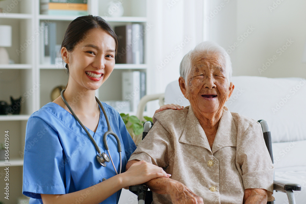 Portrait of young Asian woman, nurse, caregiver, carer of nursing home and senior Asian woman smilin