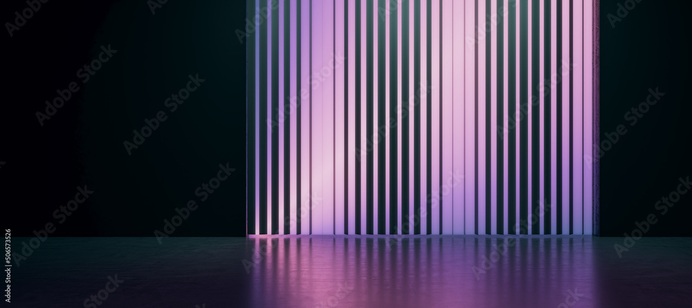 深色全景室内，紫色百叶窗墙和黑色空间上的实体模型。展示内容