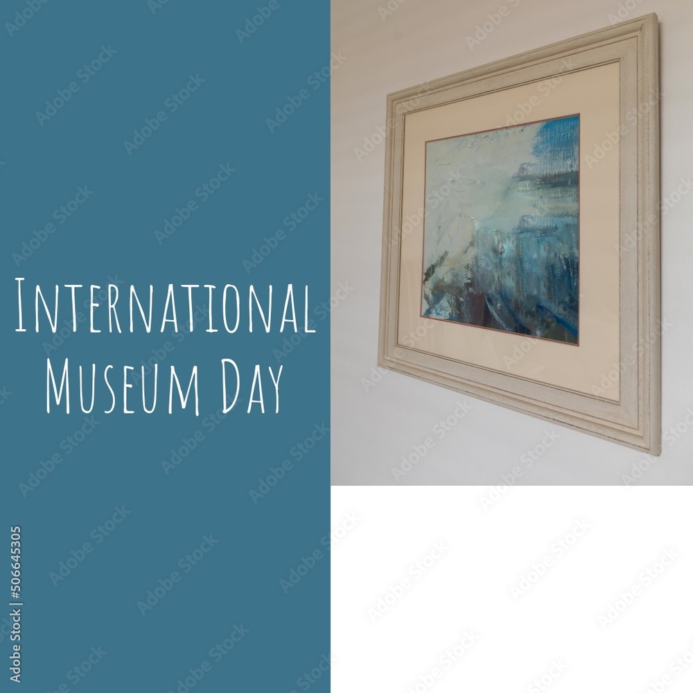 挂在墙上的相框和蓝色背景上的国际博物馆日文本的组合
