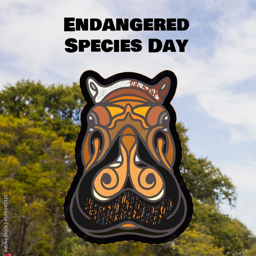 Composite image of endangered species day text with hippopotamus face against trees and cloudy sky