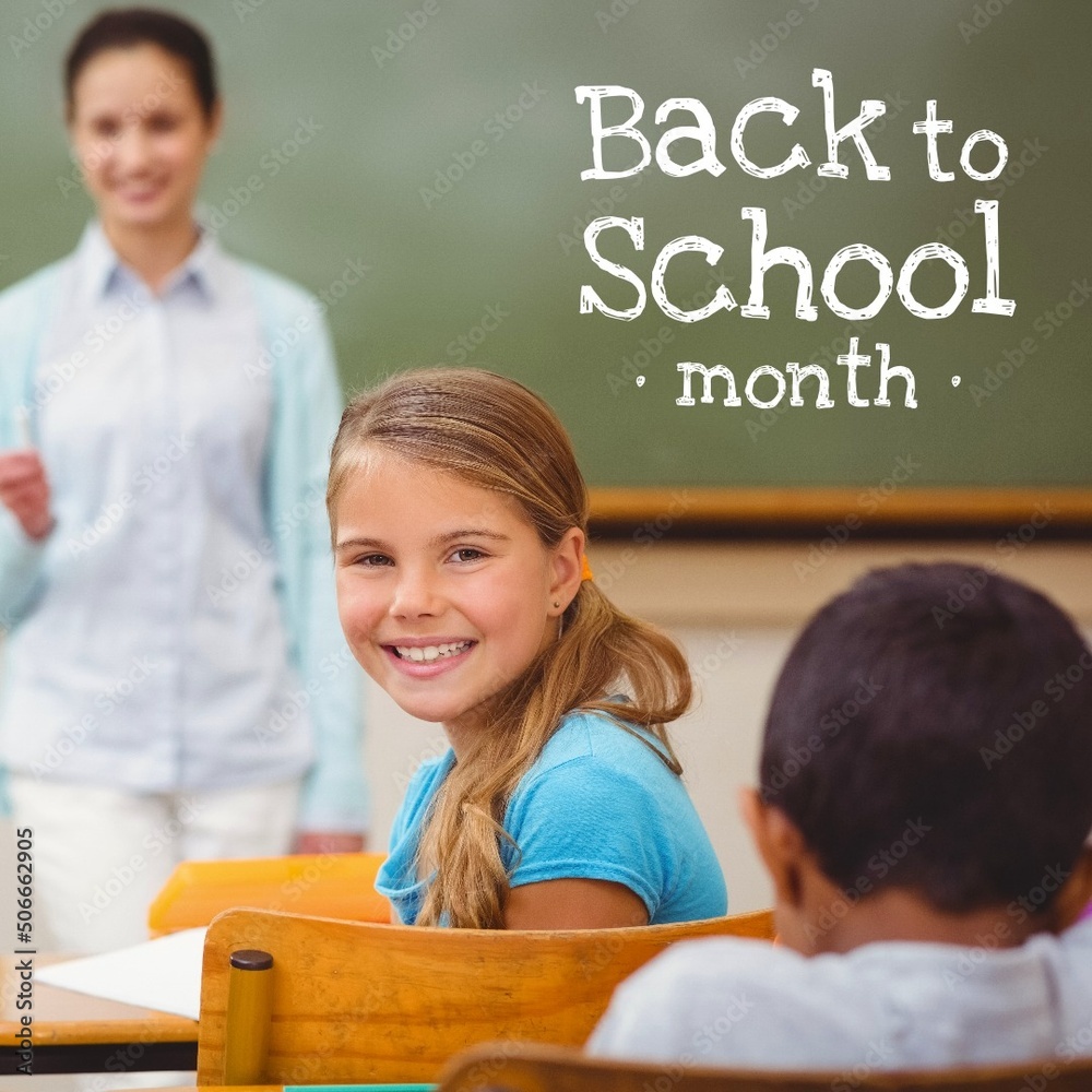 Composite of portrait of caucasian girl sitting on chair in classroom and back to school month text