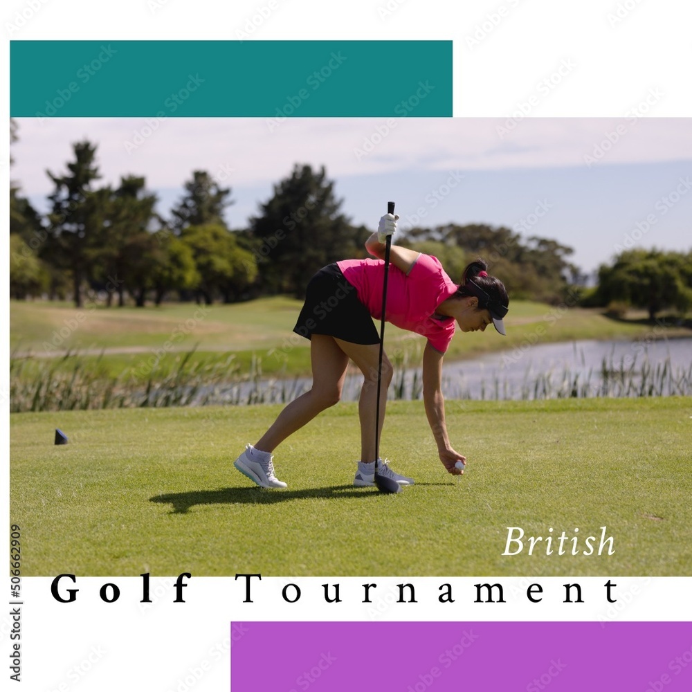 亚洲年轻女子打高尔夫的数字合成图像与英国高尔夫锦标赛文本