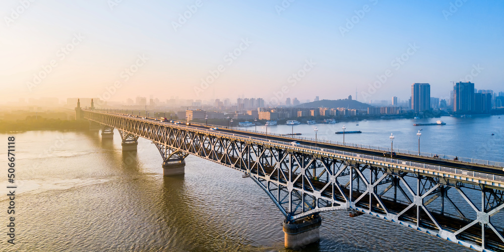 Early morning aerial photography of traffic flow of Nanjing Yangtze River Bridge in Jiangsu, China