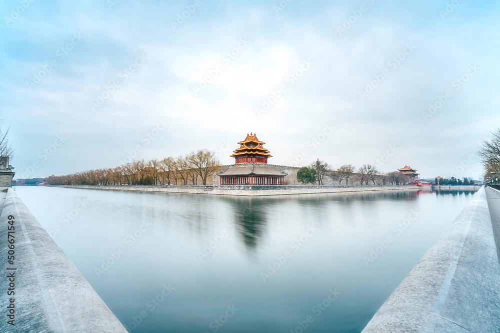 中国北京紫禁城角楼的冬季景色