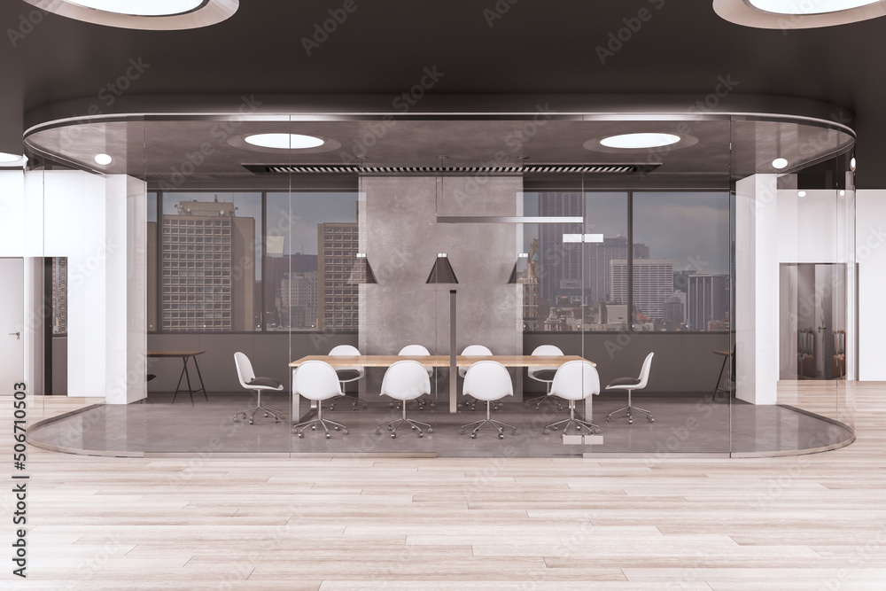 时尚的灰色石头室内设计会议室正视图，配有木制会议桌和玻璃
