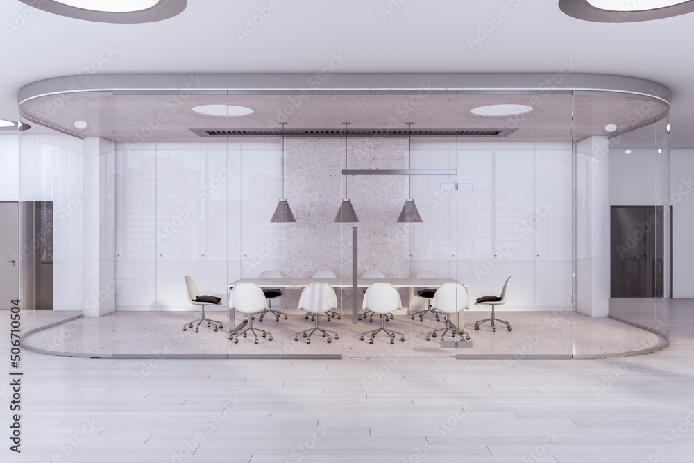 玻璃胶囊形式的轻型现代会议室，白色会议室周围环绕着柴