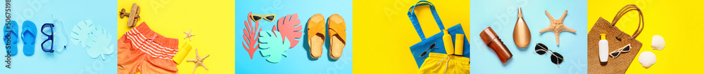Summer collage of stylish beach accessories on colorful background