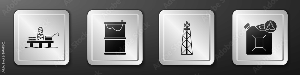 在海里设置石油平台，桶式漏油，带火的石油钻井平台和环保燃料罐图标。银色