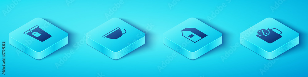 Set Isometric Cup with tea bag, of, Tea time and Paper package for milk icon. Vector