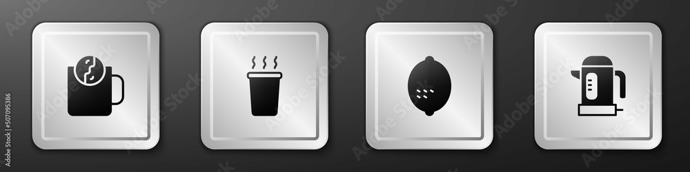 Set Tea time, Cup of tea, Lemon and Electric kettle icon. Silver square button. Vector