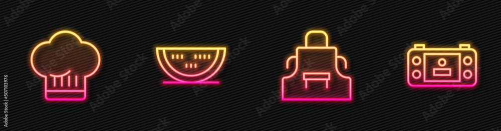 Set line Kitchen apron, Chef hat, Watermelon and Portable video game console. Glowing neon icon. Vec