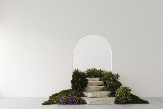 Empty white room with arch door and staircase made of stone with composition of a hill with flowers and trees. Product presentation space or gallery. Nature pedestal.3D background. render illustration