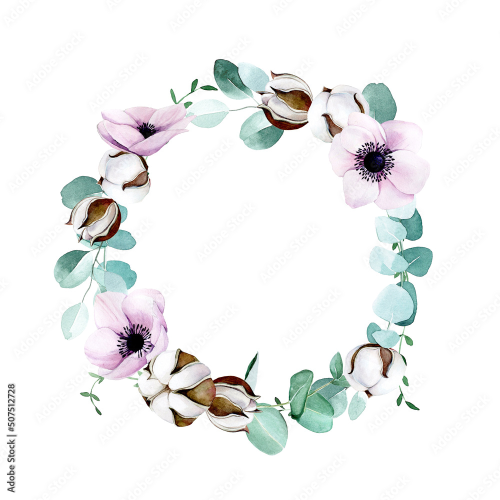 水彩画。牡丹花、海葵、桉树叶和棉花花的花环。