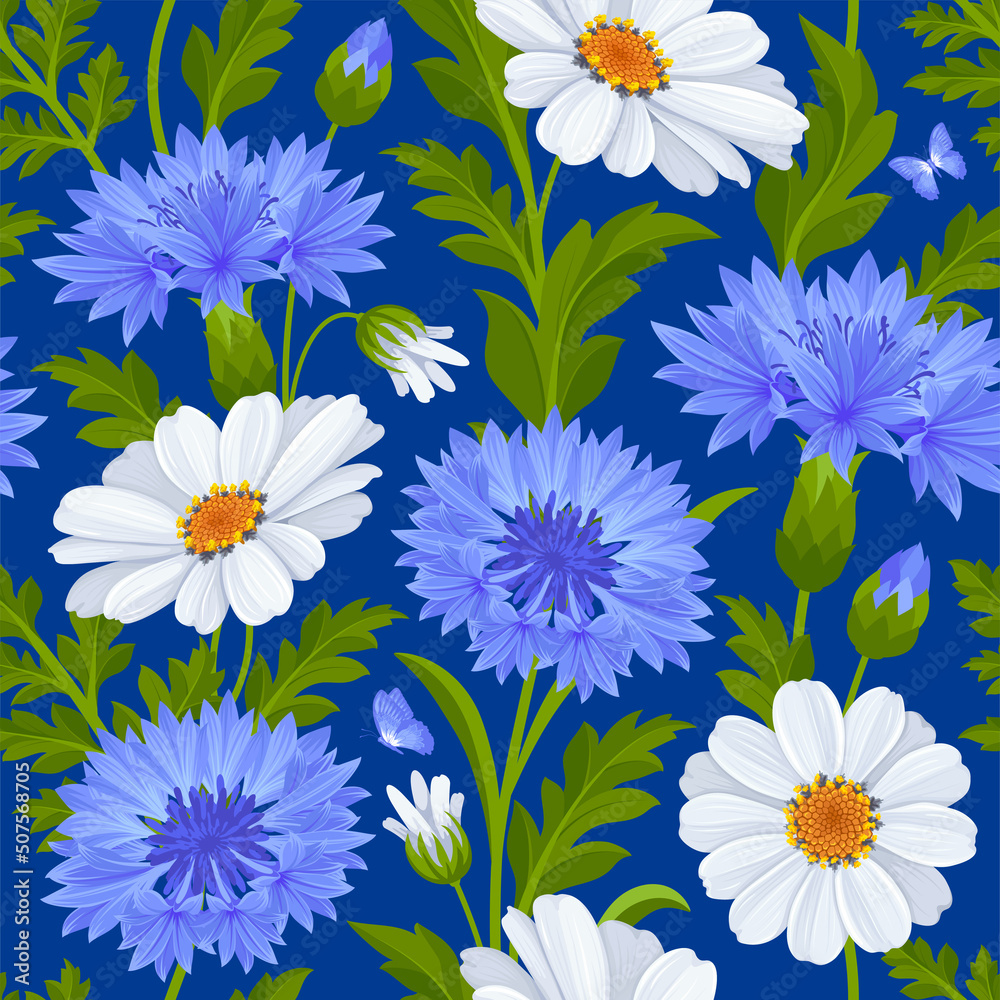 明亮的无缝图案，蓝色矢车菊花、白色雏菊和叶子。表面设计
1474686664,婚礼装饰品。带鲜花的木板。空白处可供铭文，模型。