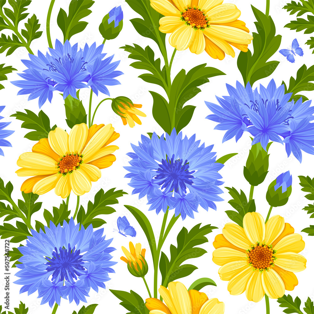 夏季无缝图案，蓝色矢车菊、黄色雏菊和叶子。表面设计
1090545540,美国食品短缺。空的食品篮。