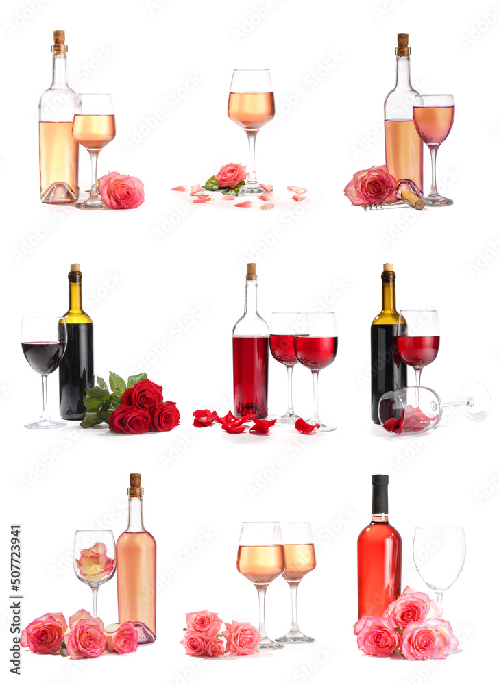 一套白色背景下带有芳香玫瑰花瓣葡萄酒的瓶子和玻璃杯