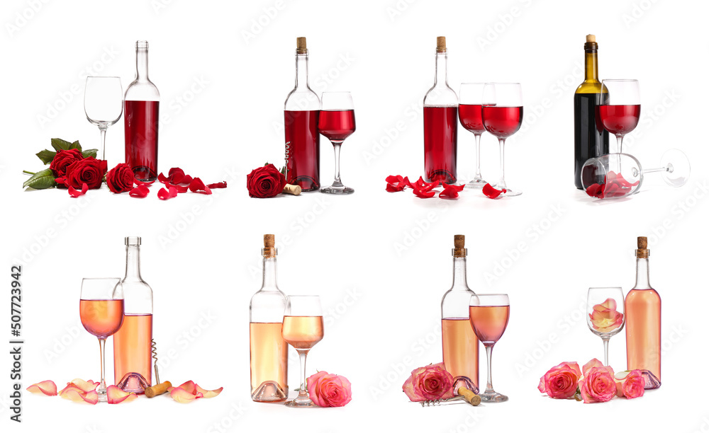 一套白色背景下带有芳香玫瑰花瓣葡萄酒的瓶子和玻璃杯