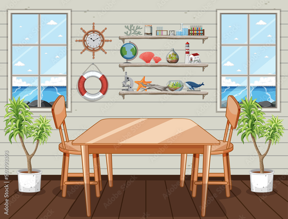 Room scene with miscellaneous objects on wall shelves