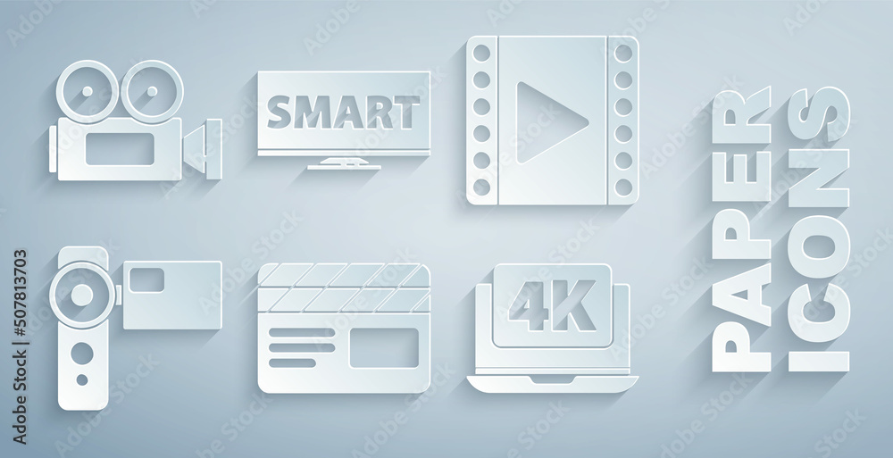 设置电影拍板，播放视频，电影摄像机，带4k视频的笔记本电脑，智能屏幕电视和图标。矢量