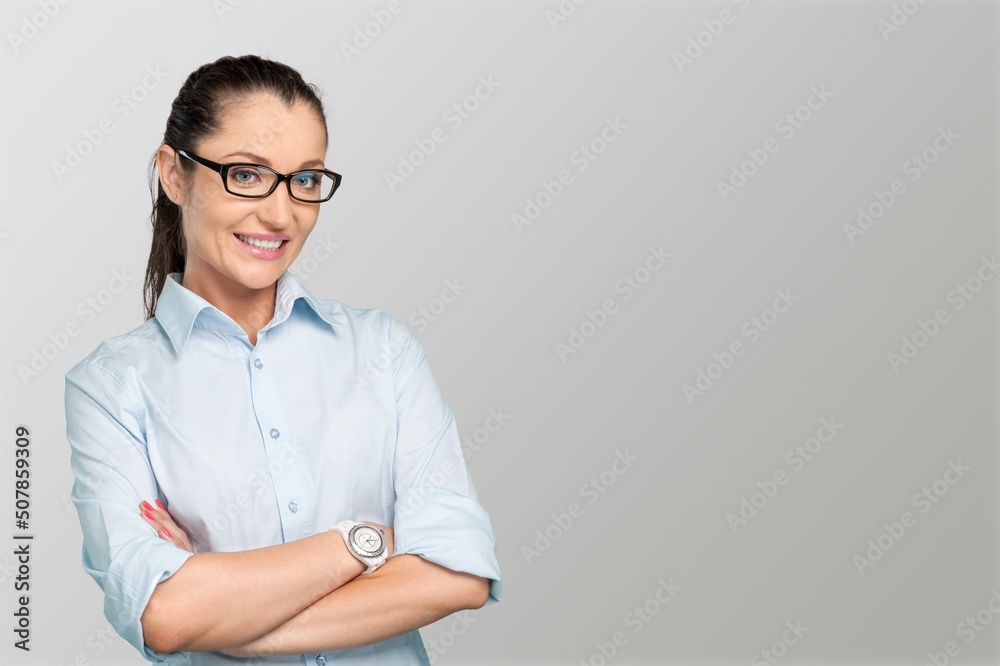 Young smiling happy cheerful employee business corporate lawyer woman posing