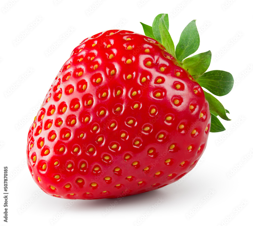 Strawberry isolated. Whole strawberry with leaf on white background. Perfect retouched berry with cl