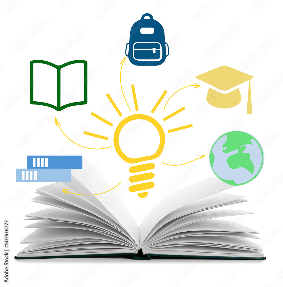 Open book and drawn school icons on white background