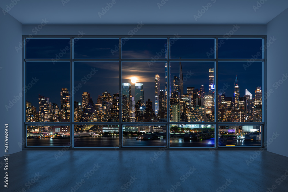 从高层窗户看纽约市中城曼哈顿天际线建筑。美丽昂贵的真实E