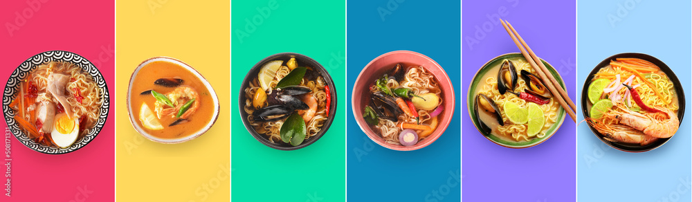 一套彩色背景的传统亚洲汤，俯视图