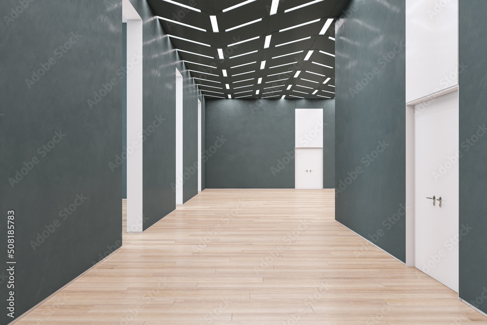 现代空的混凝土展厅内部，木地板，许多门和实体模型
