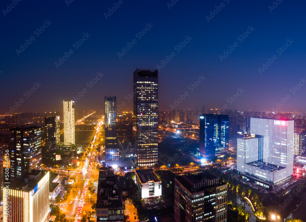 中国苏州市现代建筑航拍夜景