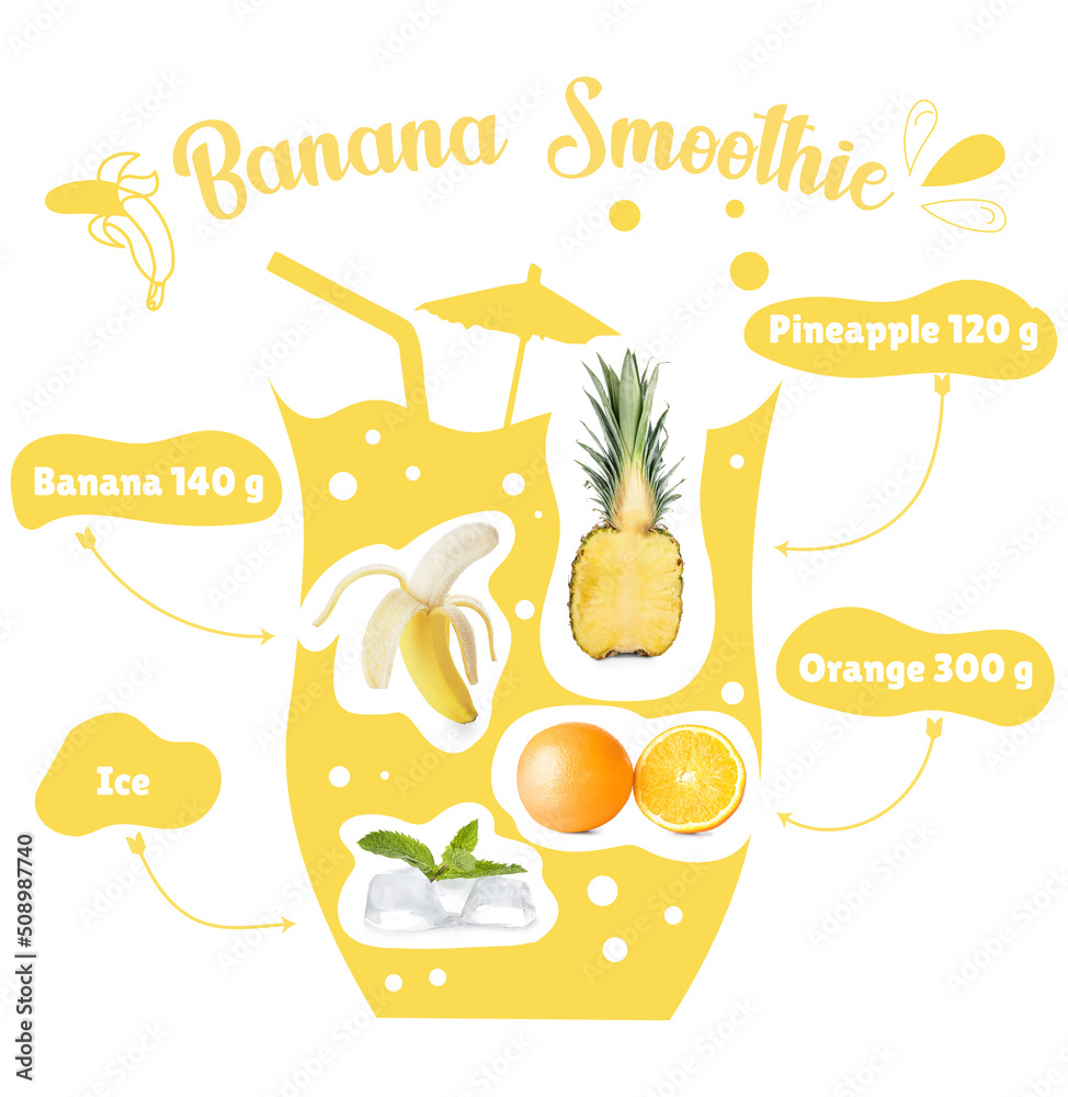 Drawn glass with ingredients for healthy banana smoothie on white background