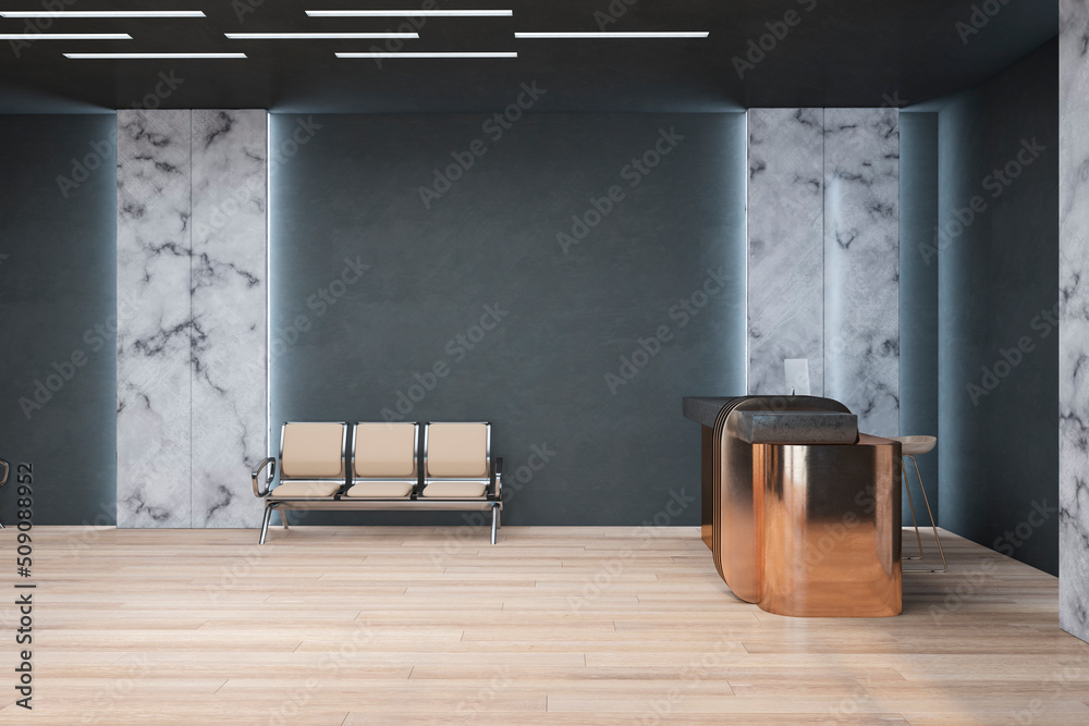 Gray concrete, wooden and marble office lobby interior with shiny reception desk, seat and other obj