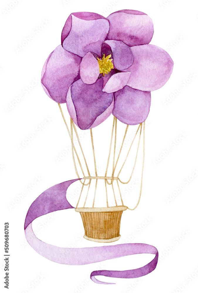 水彩画带花的热气球。紫色木兰花。精致的女孩图案，温柔